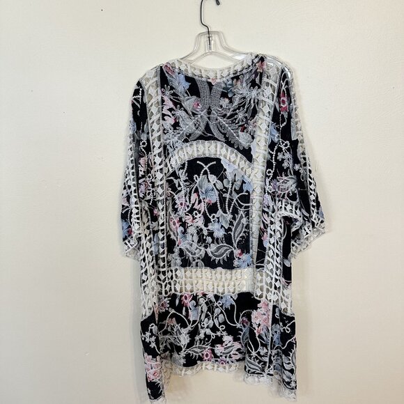 Womens Black Boho Floral Cream Crochet Kimono Cardigan Wrap Layering Beach - Picture 2 of 6